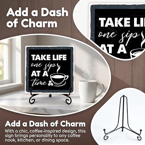 Coffee Bar Sign, Take Life One Sip at A Time Sign, Coffee Lover Gifts, 5x5 Wood Plaque with Iron Stand, Coffee-Themed Decor for Home or Cafe Tabletop – A04 - Image 3