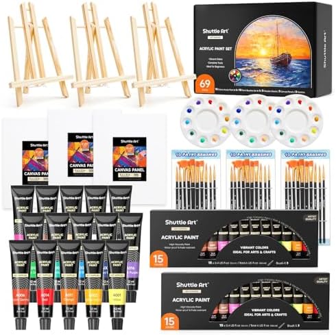 Shuttle Art 69 Pack Painting Kit for Adults and Couples, Sip and Paint for Date Night & Crafts, with 2 Packs 15-Color Acrylic Paint, 3 Wooden Easels, Canvas, Brushes & Palettes by ShuttleArt