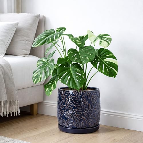 D'vine Dev Embossed Leaves Ceramic Planter, 10 in, Midnight Blue, 27-A-P-3 - Image 6