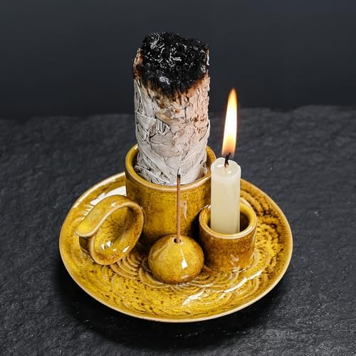 4 in 1 Ceramic Incense Burner Holder with Handle for Burning Sage, Palo Santo Stick, Joss Sticks, Candle in Your New House, Office, Yoga, Meditation Room (Yellow) - Image 2