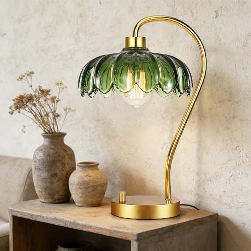 ILLMTW Flower Table Lamp for Bedroom Living Room,Small Gold Bedside Lamps Dimmable Boho Bedroom Lamp with Glass Green Lamp Shade,Vintage Mid Century Modern Mini Nightstand Lamp - Image 5
