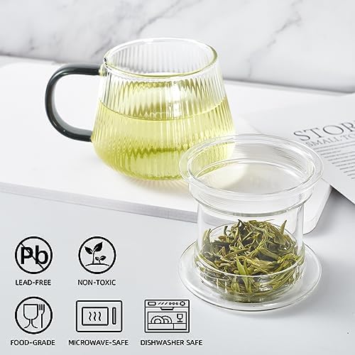 Glass Tea Infuser Cup with Lids and Handle for Blooming & Loose Leaf, 14oz - Image 2