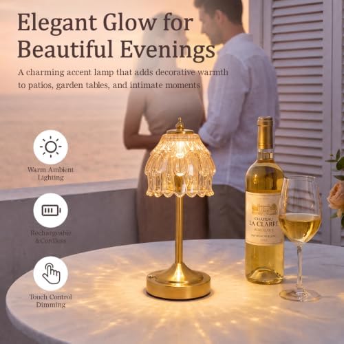 Cordless Table Lamp, Rechargeable Gold Glass Flower Lamp - Image 2