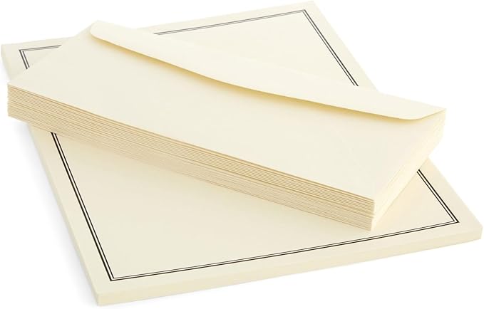 Premium Stationery Paper Set with Envelopes (Ecru and Black 48-Pack)