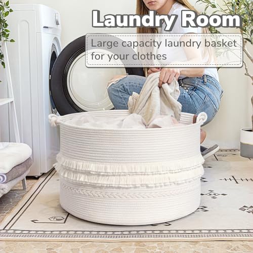 CherryNow 90L Large Woven Rope Blanket Basket with Tassel, 22" x 14", White - Image 5