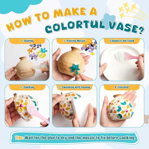 Fuyoooo DIY Vase Mosaic Painting Kit, 7.87 x 7.87 x 0.79 Inches DIY Arts and Craft Kits with Vase Flower Mosaic Painting Accessories, Handmade Sticker Gem Art Kit Gift Christmas Room Decor - Image 4