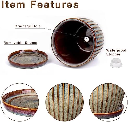 Oairse Ceramic Pots for Indoor Plants, 4.9 +5.7 inch Set of 2 Brown Plant Pots with Drainage Holes and Saucers Texture Ceramic Planters Indoor Outdoor Flower Planters for Succulent - Image 4