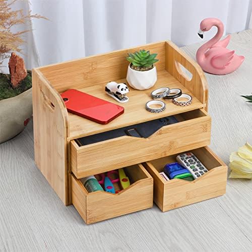 Hacaroa 3 Tier Bamboo Desktop Organizer with 3 Drawers, Tabletop Craft Box Cosmetic Storage Drawer with Handle, Portable Desk Letter Mail Sorter for Office Supply, Toiletries - Image 2