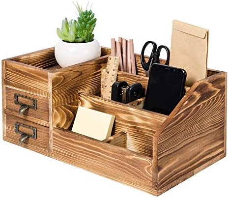Liry Products Rustic Wooden Desktop Organizer Office Supplies Brown Tabletop Storage Cabinet Stepped Rack Multiple Compartments 2 Tier Drawers Makeup Accessory Jewelry Sorter Display Box Home Office by EXOLIRY