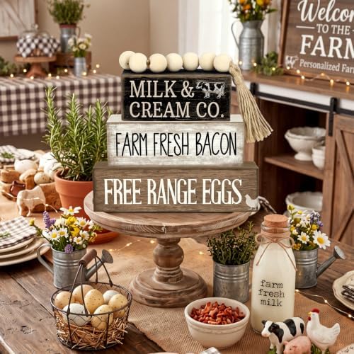 Moucuny 4 Pcs Farm Fresh Farmhouse Table Decor Rustic Stacked Wooden Sign - Image 5