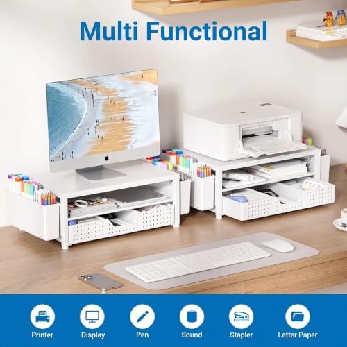 OPNICE Desk Organizers and Accessories, Computer Monitor Stand Riser with Drawer and 2 Pen Holders, Printer & Laptop Stand, Office Desk Accessories & Workspace Organizers for Home Office Supplies, White - Image 4