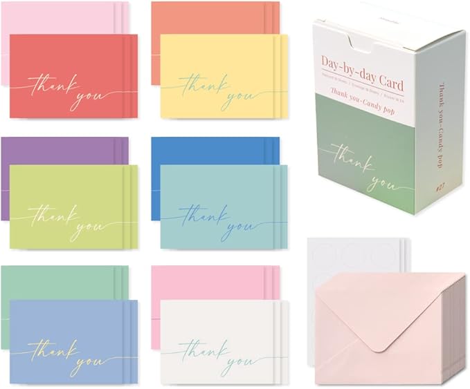 Monolike Day-by-day Card, Thank you-Candy pop - Mix 36 Mini Single cards, 36 envelopes, 36 stickers Package