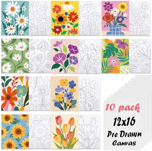 Nuberlic 12X16 Pre Drawn Canvas to Paint Floral 10 Pcs DIY Floral Pre Sketched Outlined Painting Kit to Ladies Party Art Supplies by Nuberlic