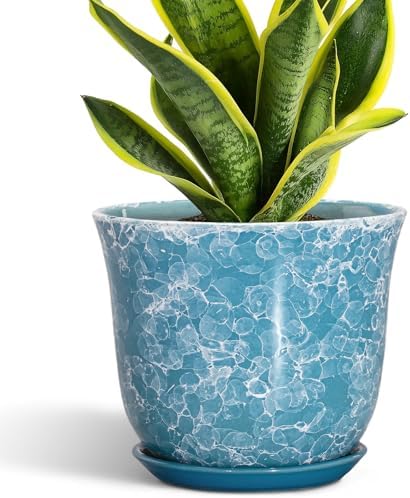 8 Inch Plant Pot - Ceramic Planter with Drainage Hole and Saucer, Round Planter for Indoor Outdoor, Modern Planter, Decorative Flower Pot, Apartment Garden Home Decor, Gardening Gifts, Blue by SUNPOTFOR