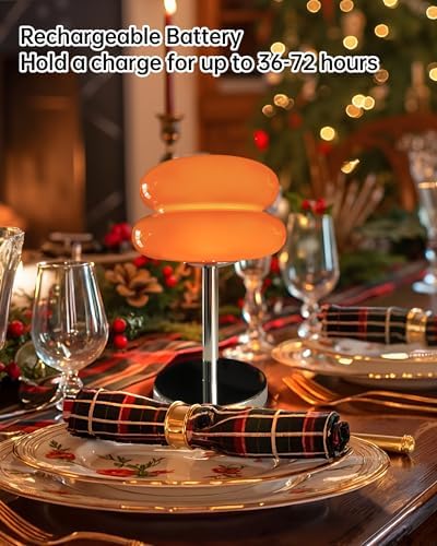 Cordless Orange Mushroom Lamp, Mid Century Modern Glass Lamp 6000mAh Rechargeable Small Table Lamps, Cute Cool Desk Lamps for Living Bedroom Nightstand Home Decor Aesthetic - Image 4
