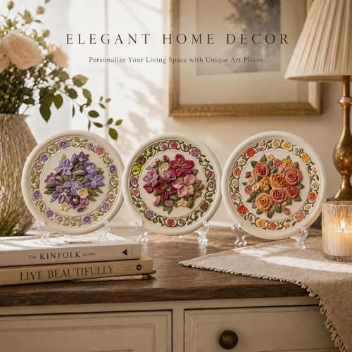 HuiBeans 3 Pcs DIY Floral Plaster Plate Painting Kit for Adults - 3D Flower Relief Plaques with 3 Display Stands, 6 Paint Strips, 9 Brushes, 3 Palettes & 3 Gift Bags - Ceramic-Like Home Decor - Image 6