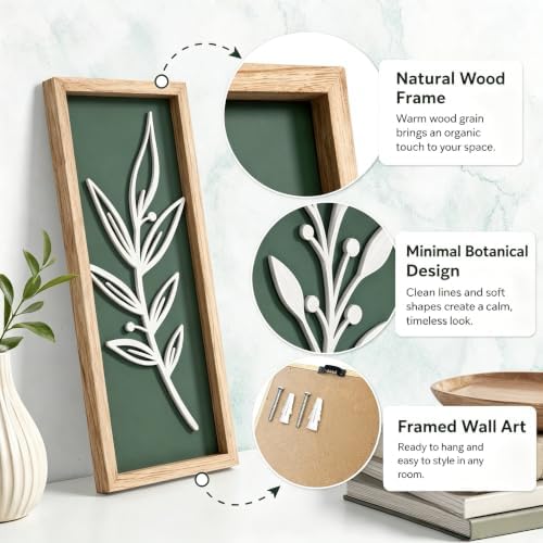 3D Tree Leaf Boho Wall Art, Sage Green, Wooden Framed, Set of 4 - Image 3