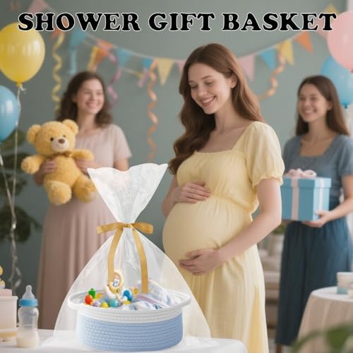 Woven Rope Basket - Baby Gift Basket with Bag & Ribbon, White&Blue - Image 6