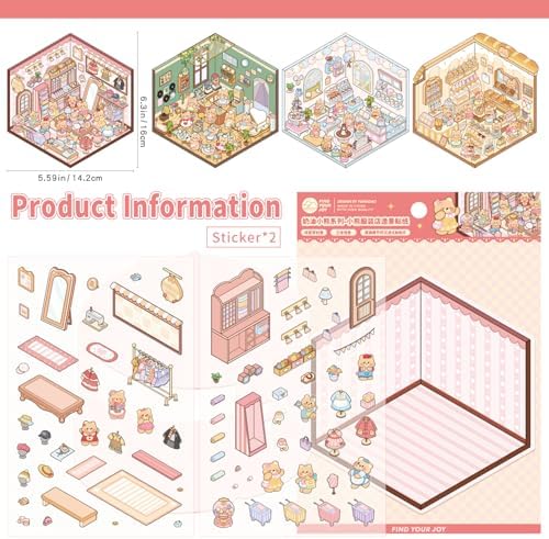 Girls 3D Miniature Scene Stickers, 4 Sets Mini Shop DIY House Stickers for Clothing Store, Coffee Shop, Bakery, Dessert Shop, Cute 3D Cartoon Sticker Scenes for Adult Kids Relief Stress Pass The Time - Image 3