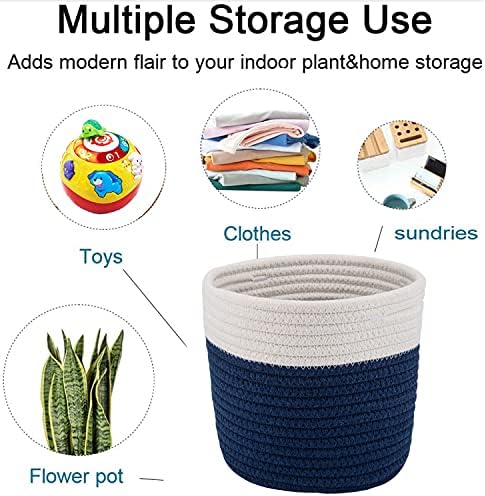 Cotton Rope Woven Baskets for 6" Pot White Stitching Navy Blue - Image 4