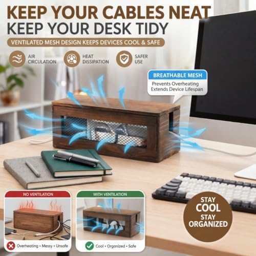 Chunful Extra Large Cable Management Box, 16'' Wood Cord Hider Organizer with Ventilation Nets & Organizer for Power Strip, TV Wires & Desk Cable Storage, Magnetic Lid Hide Floor Cables - Image 2
