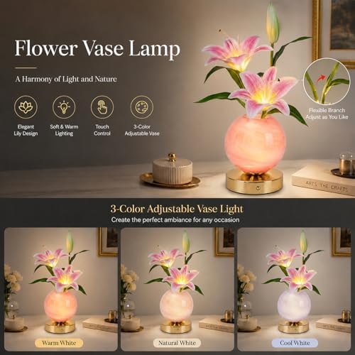 Lily Table Lamp, 3 Color Planet Night Light, Rechargeable Cordless Touch Dimming Artificial Flower Light, LED Flower Bedside Lamp Romantic Gifts for Girl Women Mom (Pink Lily) - Image 3