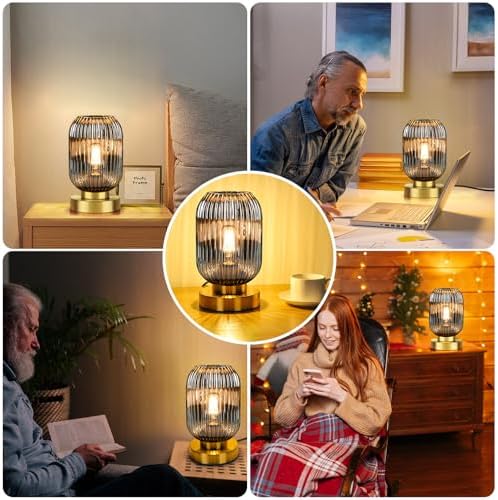 Mid Century Modern Table Lamp with Smoke Grey Ribbed Glass Shade, Touch Control & 3 Way Dimmable, Small Gold, Vintage Bedside Lamp for Bedroom, Living Room, Office (Bulb Included) - Image 6