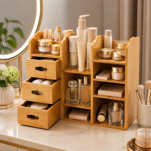Coloch Bamboo Makeup Organizer with Drawers, Large Cosmetics Storage Shelf for Vanity Countertop Skincare Organizer for Desktop, Skincare, Beauty Supplies, Cosmetics Display, Stationery Storage - Image 6
