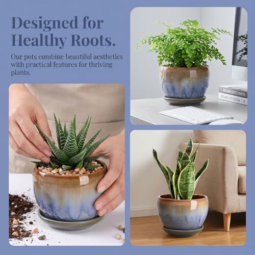 AVLA 3 Pack Ceramic Plant Pots, Gardening Drip Glazed Planters, Decorative Flower Pot with Drainage Hole and Saucer, Round Rustic Houseplant Container for Succulent Herbs Cactus Orchid, Home Office - Image 5