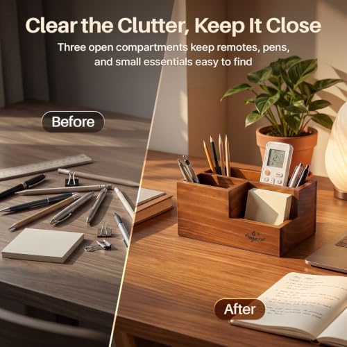 Flexzion Wood Pencil Holder for Desk, Tiered 3-Slot Remote Caddy Organizer - Image 2