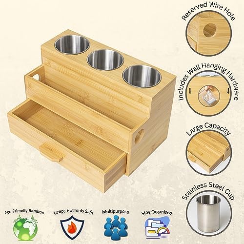Harzen Brothers Hair Tool Organizer- Bamboo, Blow Dryer Holder, Bathroom Countertop, Vanity Caddy Storage Stand for Accessories, Makeup, Toiletries - Image 3