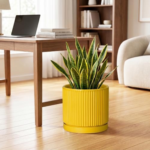 Ceramic Pots for Plants, 10 Inch Plant Pots with Tray, Yellow - Image 3