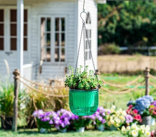 Melphoe 2 Pack Self Watering Hanging Planters Indoor Flower Pots, 6.5 Inch Outdoor Hanging Basket, Plant Hanger with 3Hooks Drainage Holes for Garden Home (Emerald) - Image 2