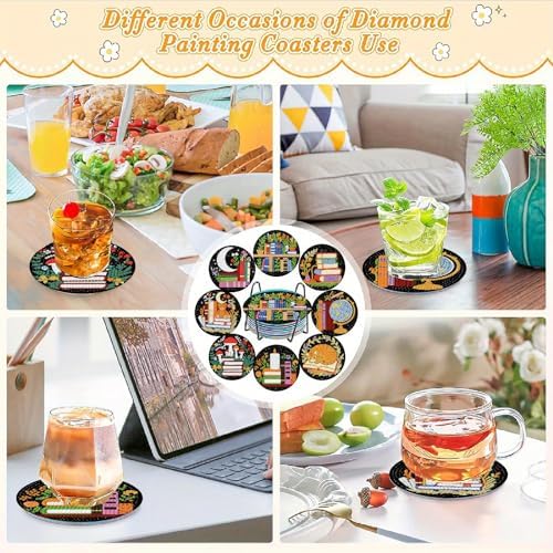 Clendo 8 Pcs 5D Book Diamond Art Coasters Kits with Holder, Diamond Painting Coasters Set for Adults, Small Mini Diamond Dots Kit for Beginners DIY Art Craft Home Decor - Image 6