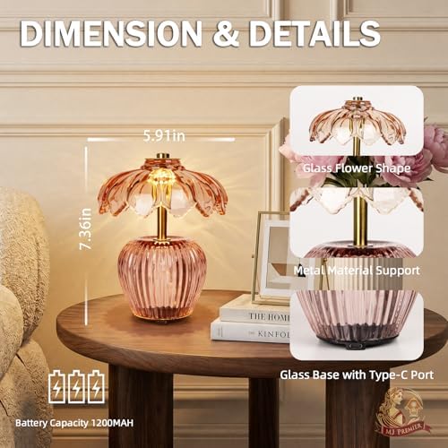 MJ PREMIER Rechargeable Table Lamp, Small Cordless Lamp with Timer, Pink - Image 3