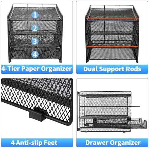 OPNICE Desk Organizer, 4-Tier Desktop File Organizer with Drawer, Office Desk Accessories, File Sorters, Workspace Organizers for Office Supplies(Black Upgraded) - Image 6