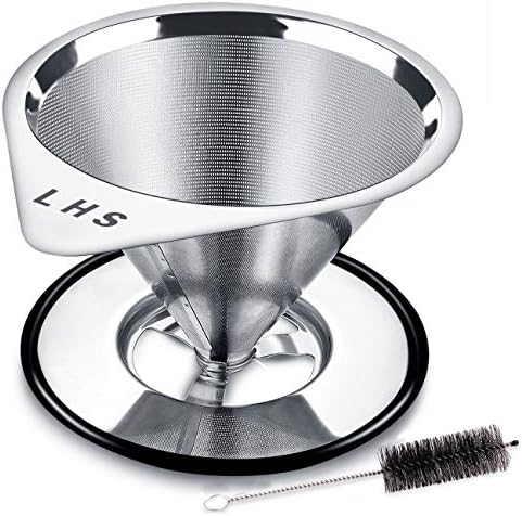 LHS Pour Over Coffee Dripper Stainless Steel Coffee Filter Metal Cone Filter Paperless Reusable Coffee Filter Single Cup Coffee Maker 1-4 Cup With Non-slip Cup Stand and Cleaning Brush by LHS