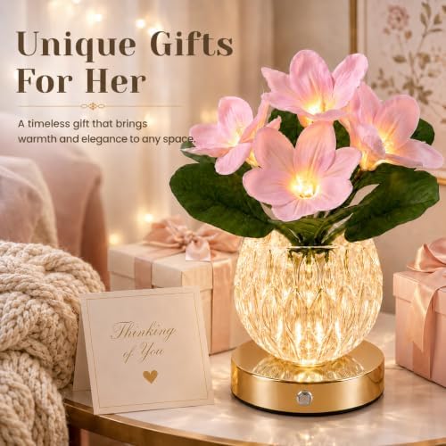 Flower Table Lamp, 3 Colors Touch Dimming Magnolia Glass Night Light, Rechargeable Artificial Flower Light, LED Flower with Vase Lamp Romantic Decor for Date Party Home (Pink - Magnolia) - Image 6