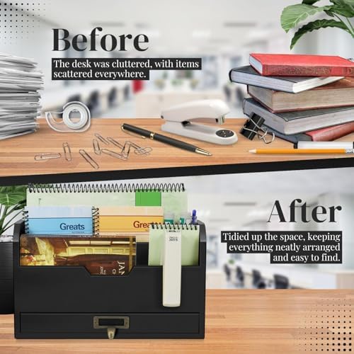 Flexzion Wood Desk Organizer, 3-Tier Mail Organizer w/Drawer, Light Brown - Image 5