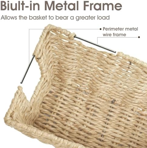Paper Rope Storage Baskets for Shelves Organizing, Small Hand Woven Wicker Organizer Basket with Handle for Bathroom Toilet Paper Storage, Beige, 3-Pack - Image 3