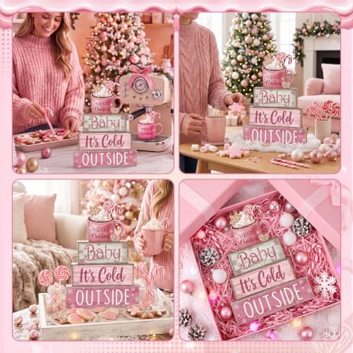 Moucuny 4 Pcs Pink Christmas Table Decor Wooden Hot Chocolate Cocoa Decor - Image 6