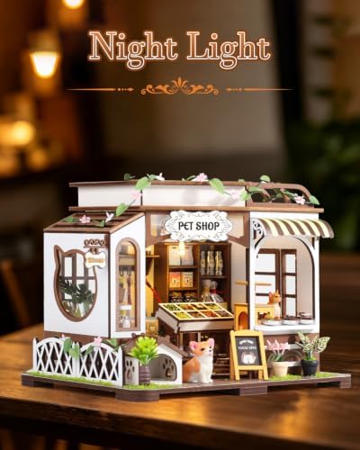 DIY Miniature House Kit, Pet Shop Book Nook Kit with LED Light, 3D Wooden Puzzle Bookshelf Decor Mini Model Building Kit, Birthday Gifts for Family & Friends - Image 2
