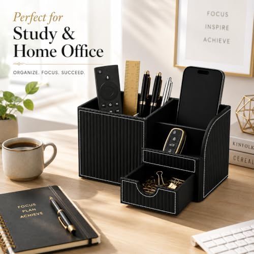KINGFOM Executive Leather Desk Organizer with Drawer, Modern Black Desk Accessories for Men, Premium Office Desk Organizer with Pen Holder & Storage Compartments for Home Office - Image 3