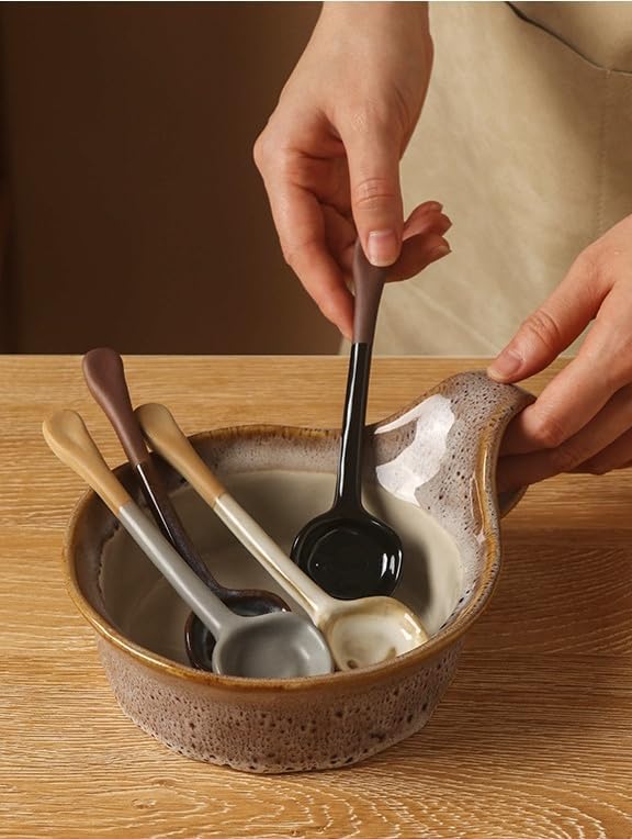 4-Pack - Ceramic Vintage Afternoon Tea, Coffee Whisk, Handmade Spoon, Long-Handle Coffee Scoop, tea scoop for loose tea, Size 5.9 * 1.5in(15 * 4cm)