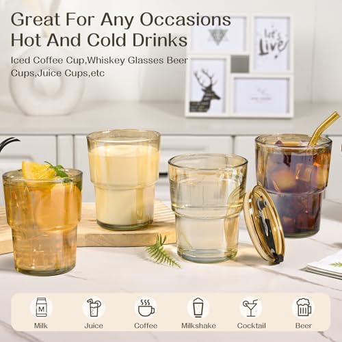 13oz Reusable Iced Coffee Tumbler with Lids,Clear Tumbler Water Glass,2 Pack Glass Cups with Straw and Lid,Glass to go Coffee Cup for Drinking Matcha, Water, and Juice(Amber - Image 5