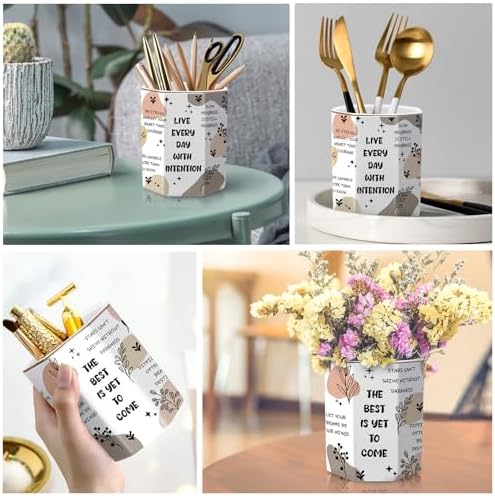 Cute Pen Holder for Desk, Ceramic Pencil Holder, Makeup Brush Holders, Desktop Stationery Organizer for School Students Office Women Teens Girls Boys, Words - Image 2