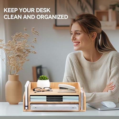 KIRIGEN Wood Desk Organizer, 5-Tray Letter Tray and Mail Sorter Natural 2TP - Image 5