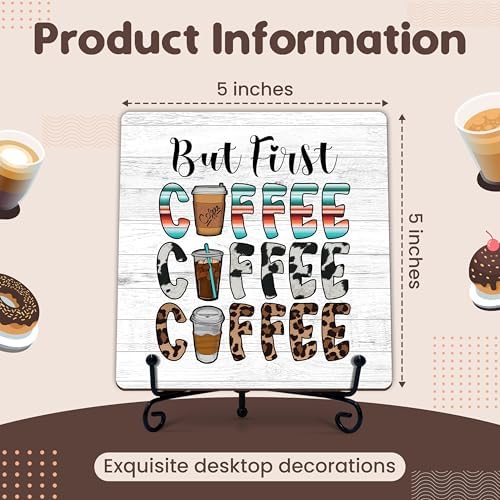 Coffee Bar Sign, But First Coffee Sign, Coffee Lover Gifts, Coffee-Themed Decor, 5x5 Wood Plaque with Iron Stand for Home, Kitchen or Cafe – A10 - Image 2