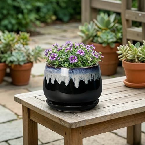 6 Inch Plant Pot - Ceramic Planters for Indoor Plants, Decorative Planter with Drainage Hole and Saucer, Round Flower Pots, Office Patio Decor, Gifts for Gardeners Woman, Black-Blue - Image 4