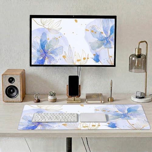 Blue Desk Mat, Aesthetic Floral Large Mouse Pad, 35.4 x 15.7 Inch XXL Keyboard Mat Non-Slip Waterproof Desk Pad, Full Desk Protector for Women Office Home - Image 2